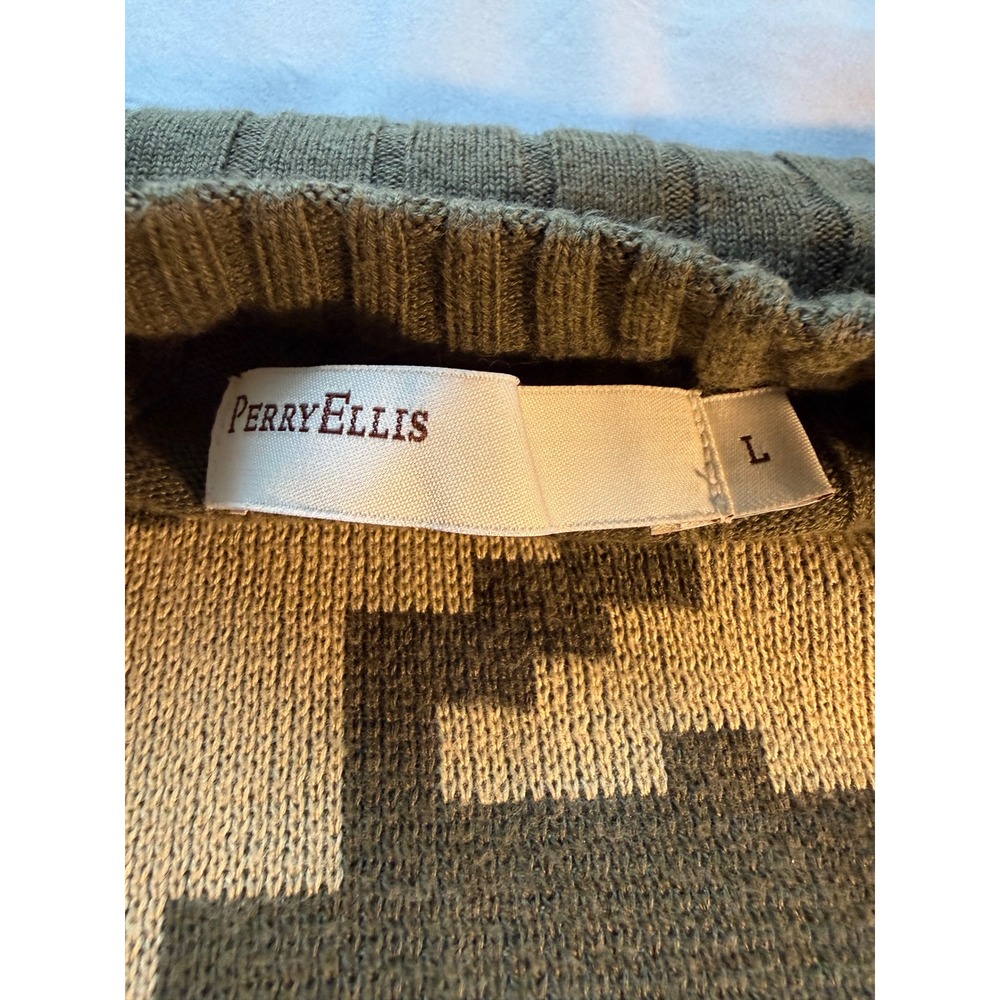 Perry Ellis Mens Large Olive Green Oversized Houndstooth Ribbed Pullover Sweater - Picture 5 of 8